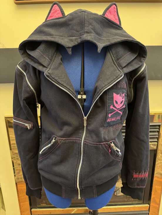 Living Dead Souls Sweaters - Bye Bye Kitty Living Dead Souls Bat Ear Hoodie Mall Goth Y2K Black Zip Up L XL